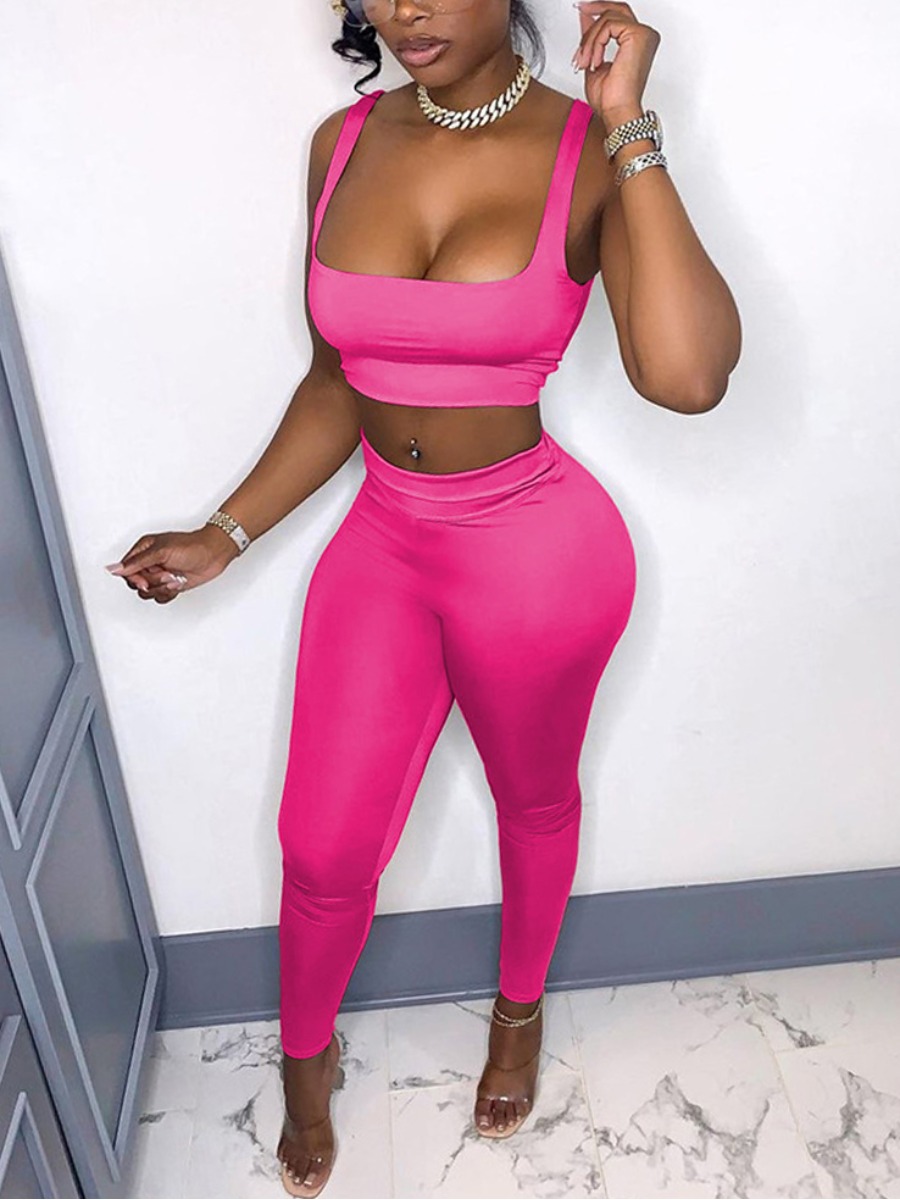 

LW SXY U Neck Basic Skinny Two Piece Pants Set, Rose red