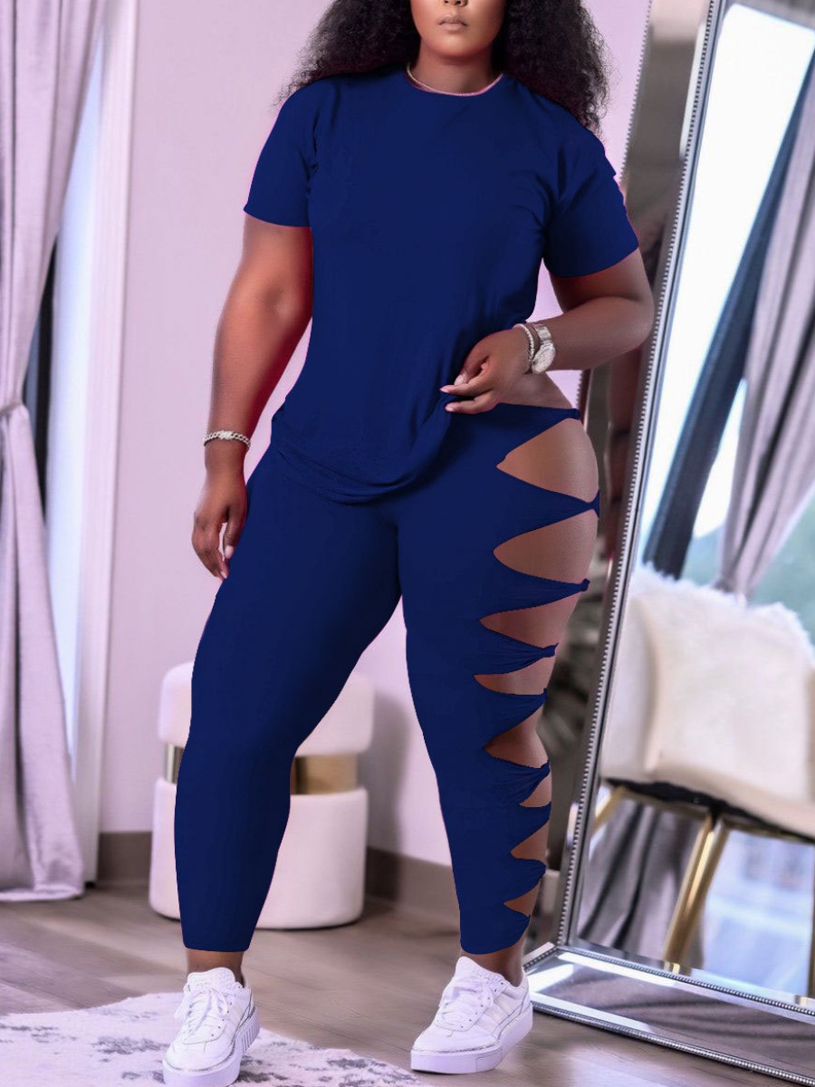 

LW Plus Size Round Neck Hollow-out Two-piece Pants Set, Blue