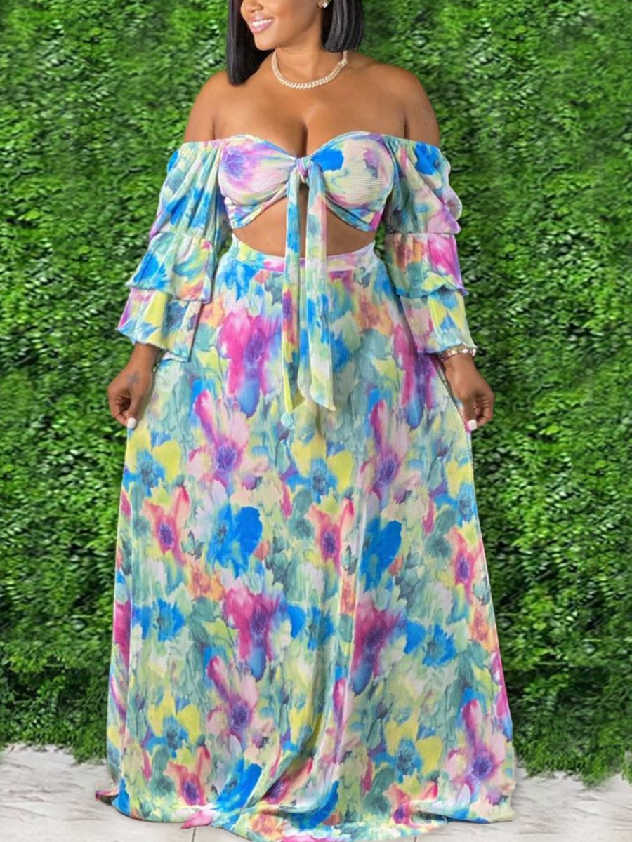 

LW Plus Size Off The Shoulder Mixed Print Two-piece Skirt Set, Baby blue