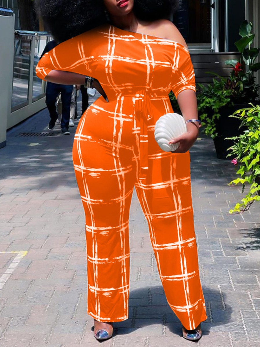 

LW Plus Size Boat Neck Plaid Print One-piece Jumpsuit, Croci