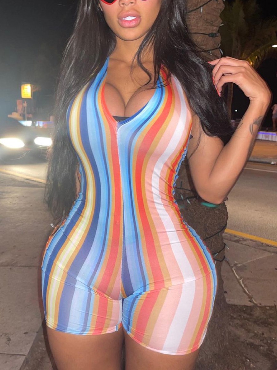 

Lovely Striped Backless One-piece Romper, Multi