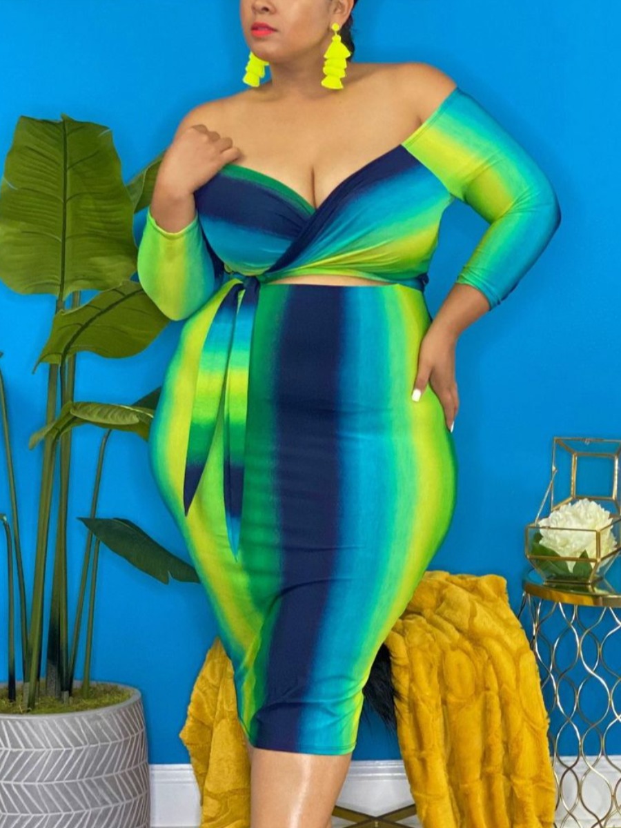 

LW BASICS Plus Size Off The Shoulder Gradient Hollow-out Dress, Blue