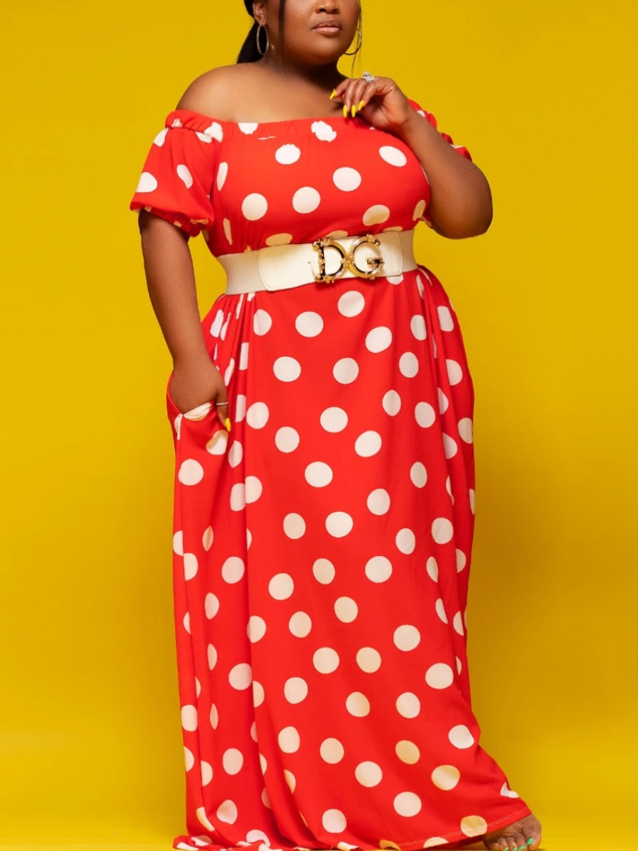

Lovely Plus Size Off The Shoulder Dot Print Dress (Without Belt), Red