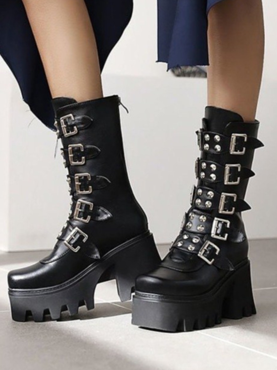 

LW High Sole Buckle Design Boots, Black