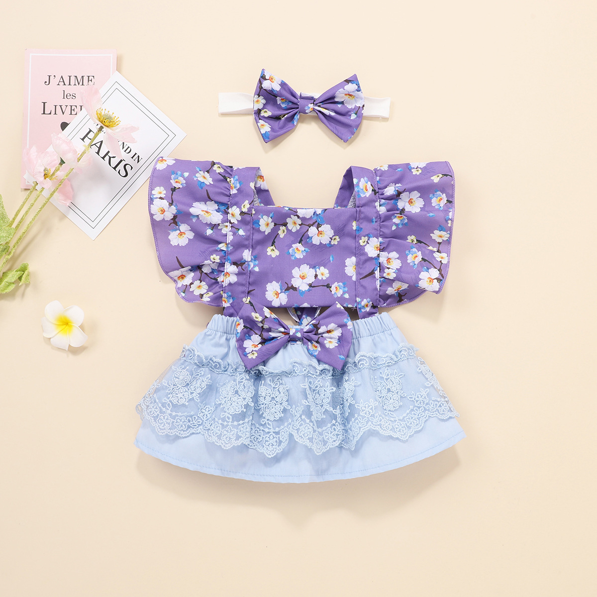 

Lovely Girl Floral Print Flounce Design Two Piece Skirt Set, Purple