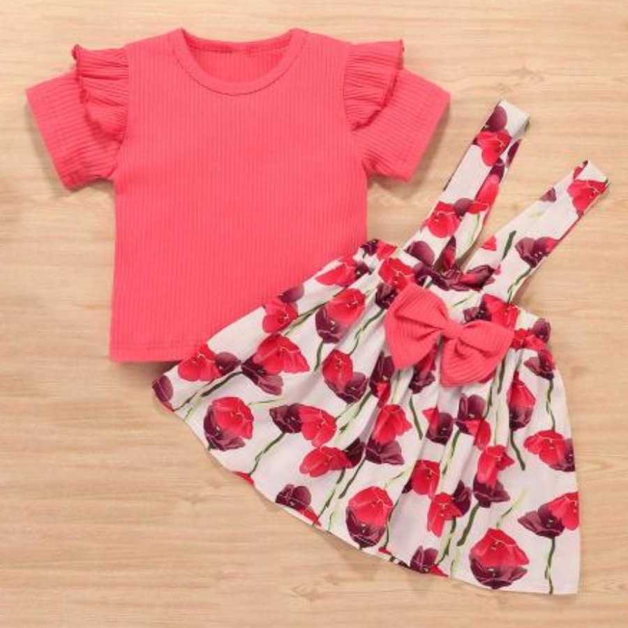 

Lovely Girl Floral Print Bow-tie Decor Overall Two Piece Skirt Set, Pink