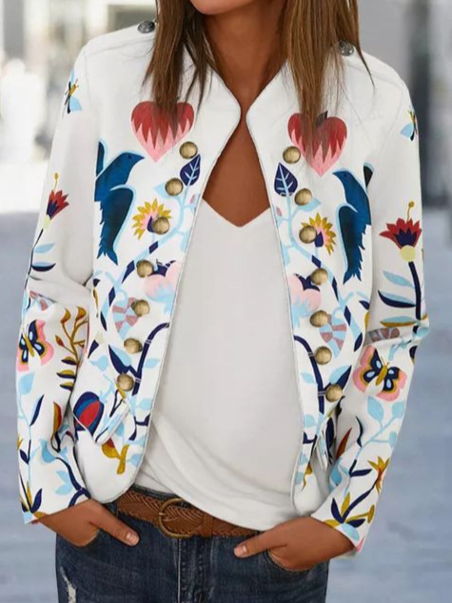 

LW Floral Print Button Design Coat, White