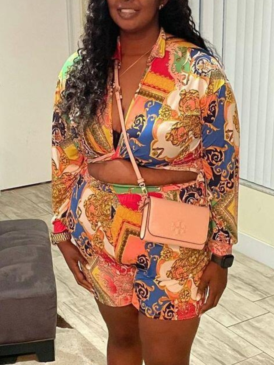 

LW Plus Size Turndown Collar Mixed Print Two-piece Skirt Set, Yellow