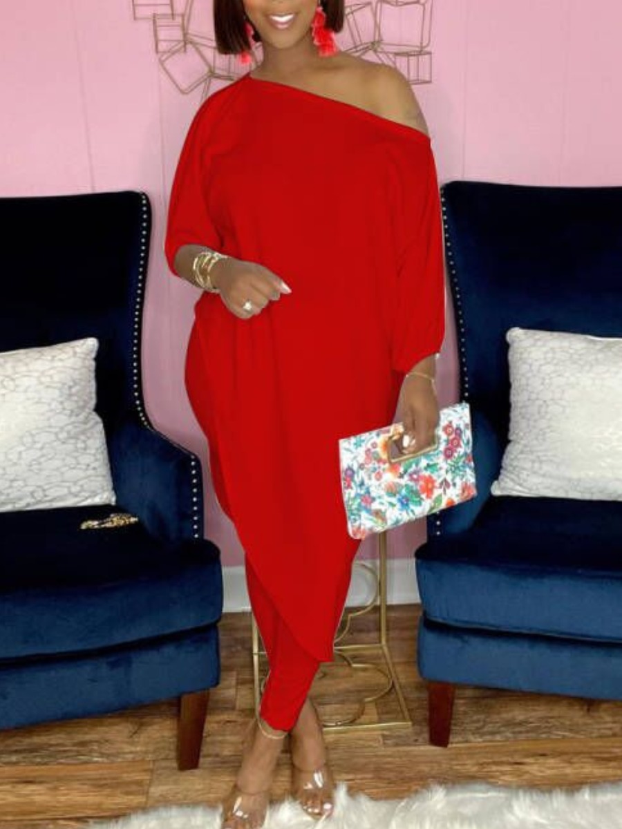 

LW Wide Fit Asymmetrical Two Piece Pants Set, Red