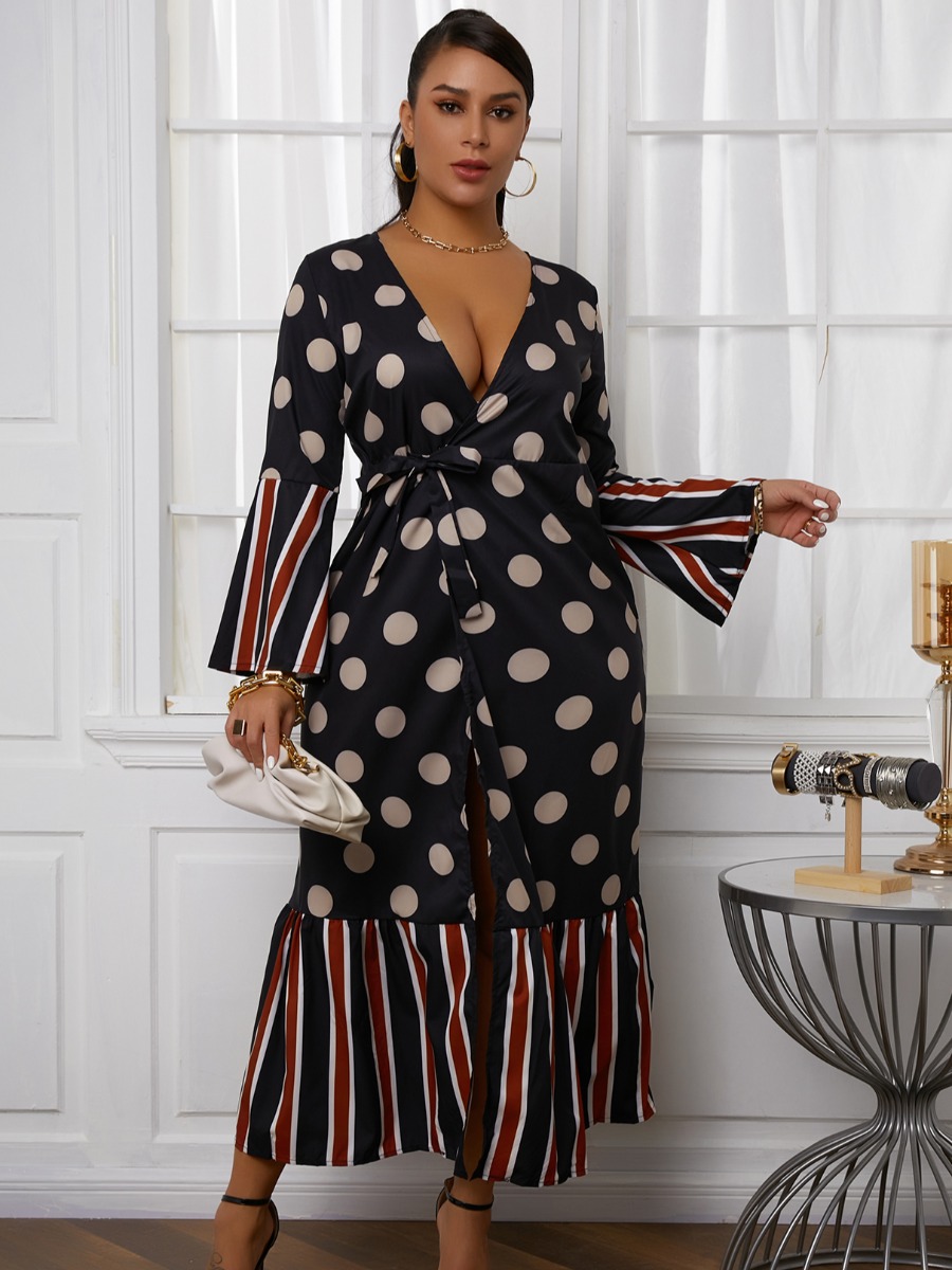

LW Dot Print Striped Split Dress, Black