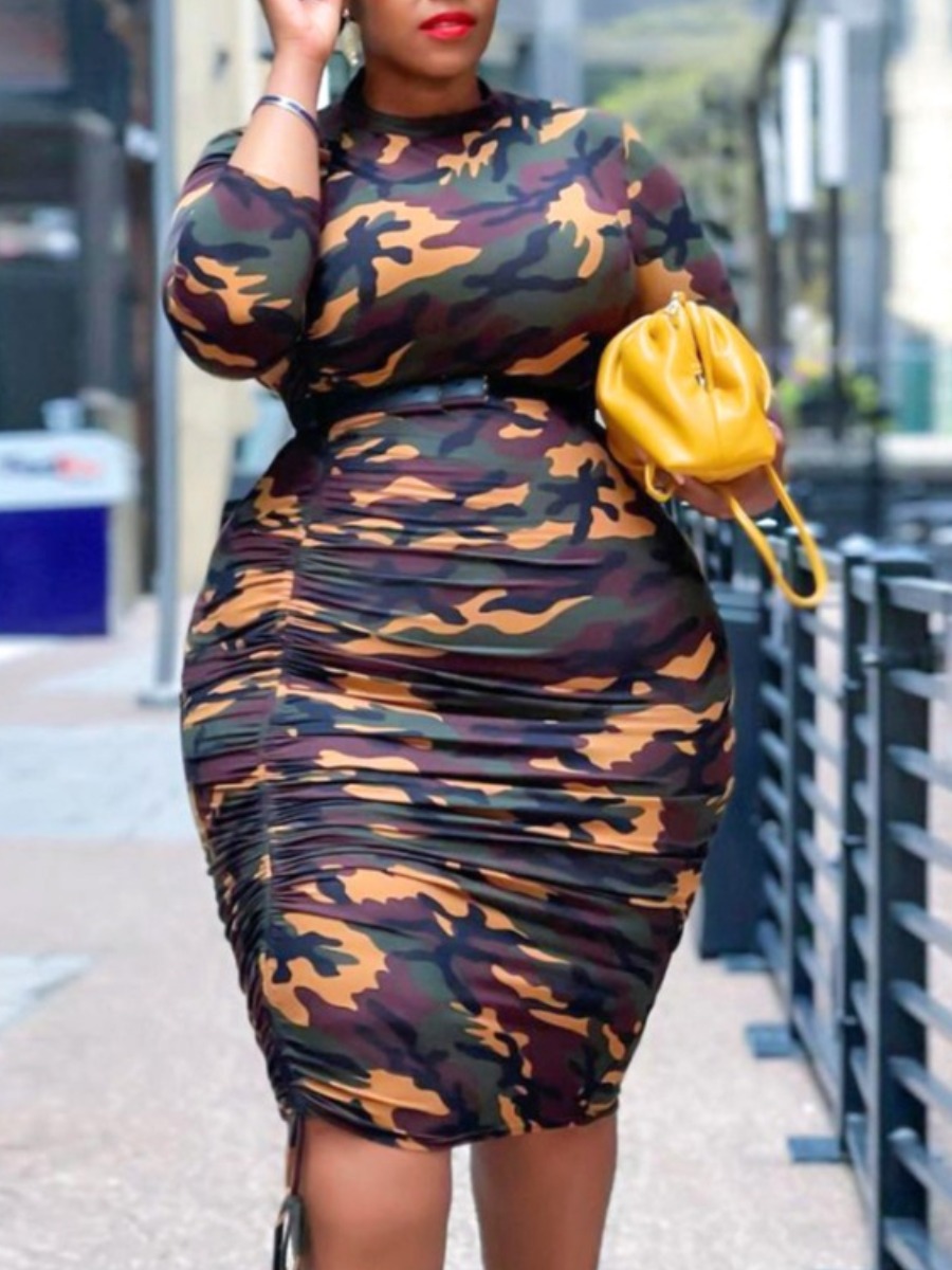 

Lovely Plus Size Camo Print Ruched Drawstring Dress (Without Belt)