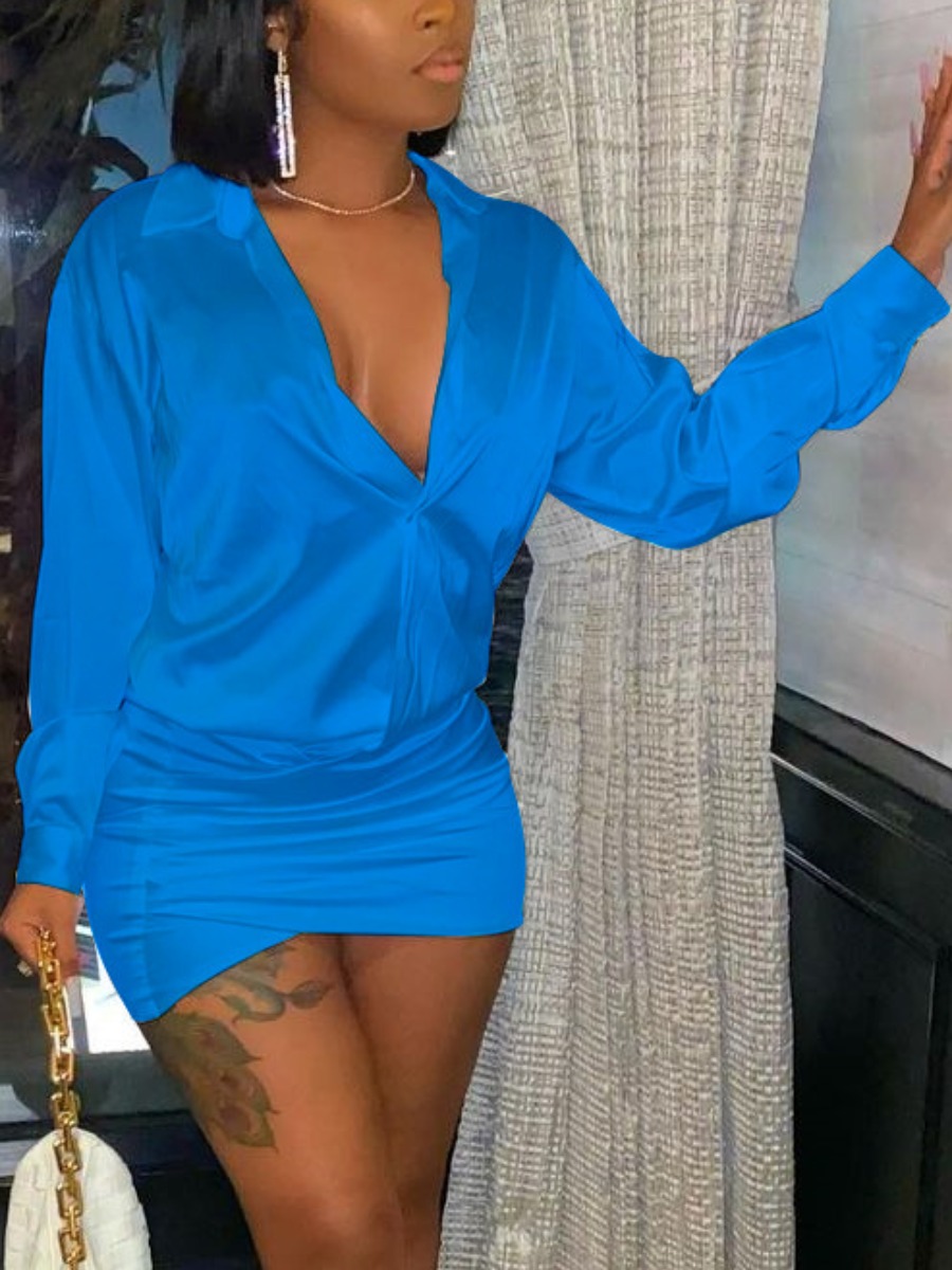 

Lovely Turndown Collar Regular Fit Dress, Blue