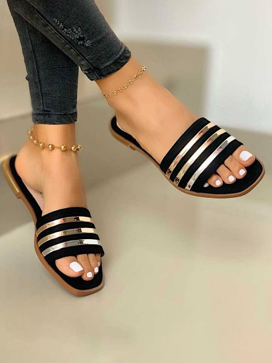 

LW BASICS Striped Square-toe Slippers, Black
