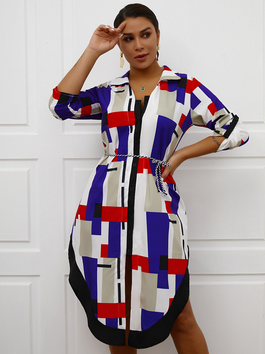 

Lovely Turndown Collar Color-lump Shirt Dress, Multicolor lattices