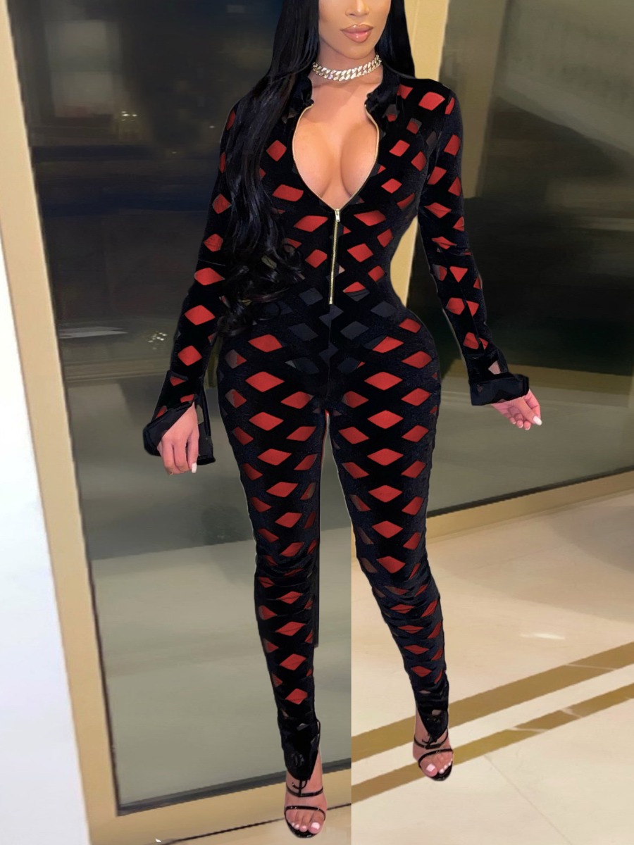 

Lovely Mesh Zipper Design One-piece Jumpsuit, Red