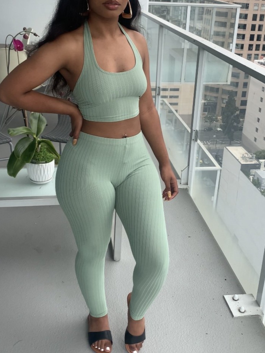 

Lovely Rib-Knit Backless Bandage Design Two Piece Pants Set, Grass green