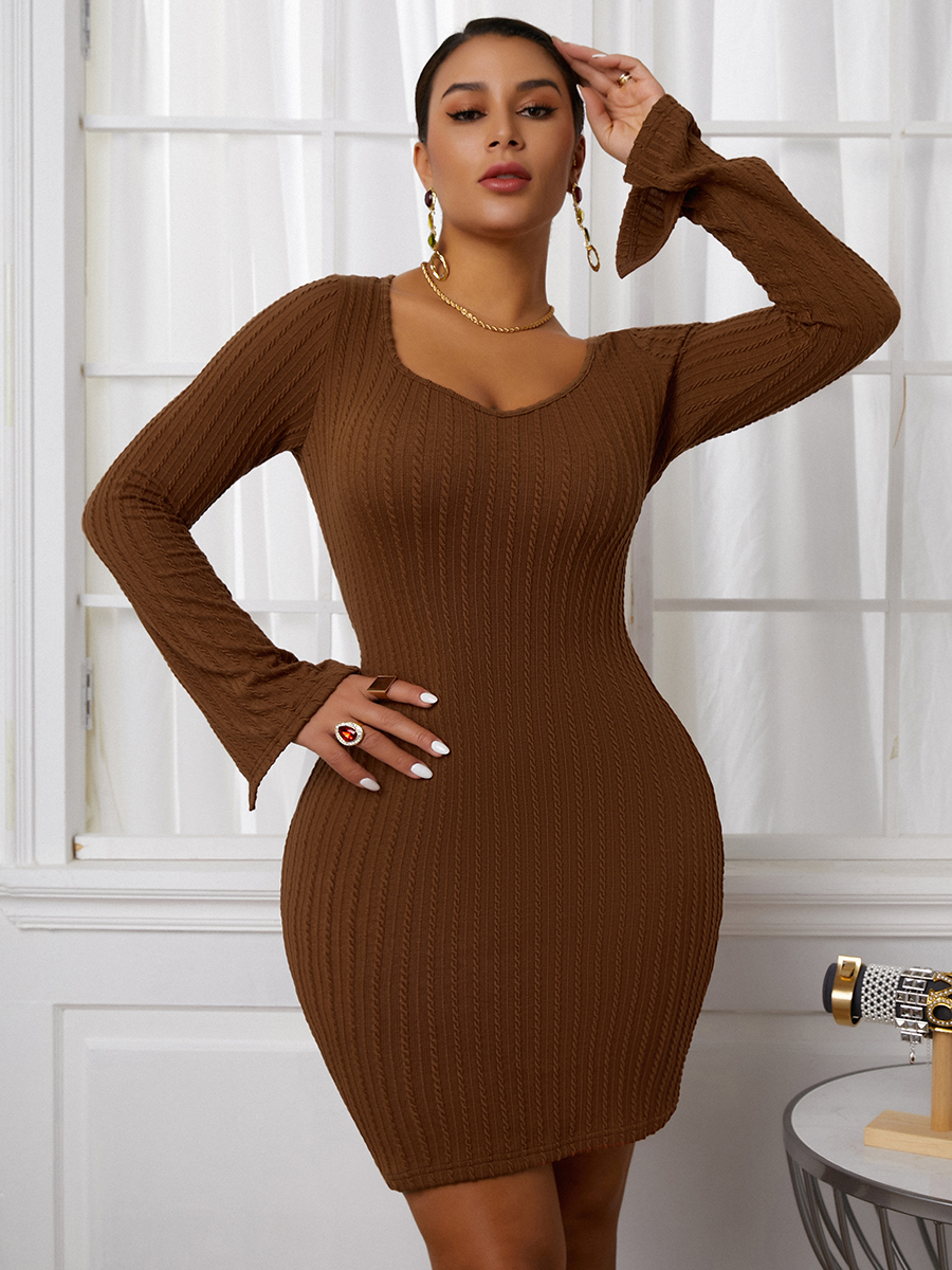 

Lovely U Neck Rib-Knit Bodycon Dress, Brown