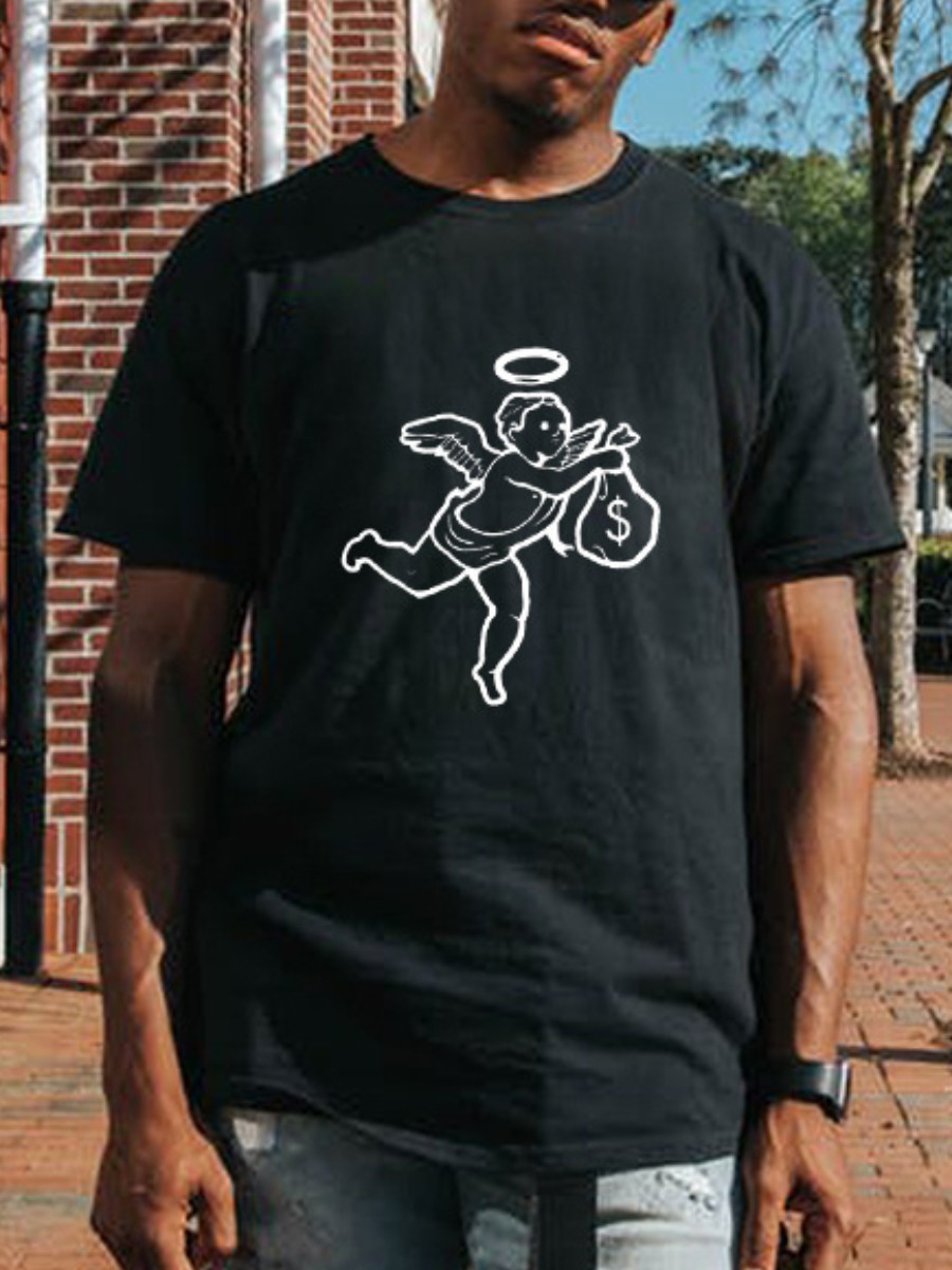 

Lovely Men Round Neck Figure Print T-shirt, Black