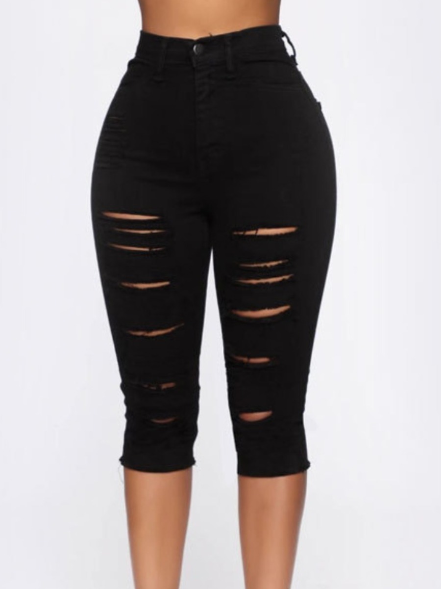 

Lovely High-waisted Ripped Denim Shorts, Black