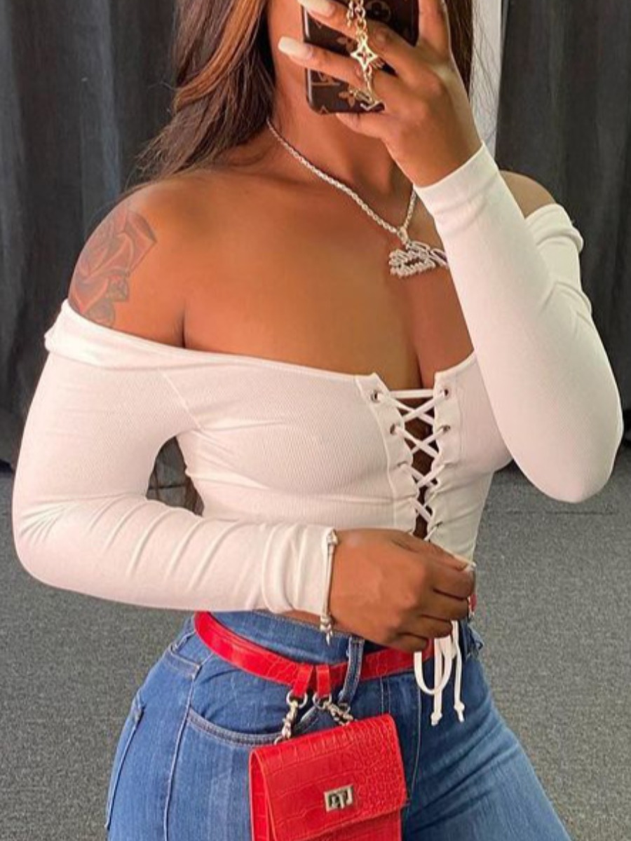 

Lovely Off The Shoulder Bandage Design T-shirt, White