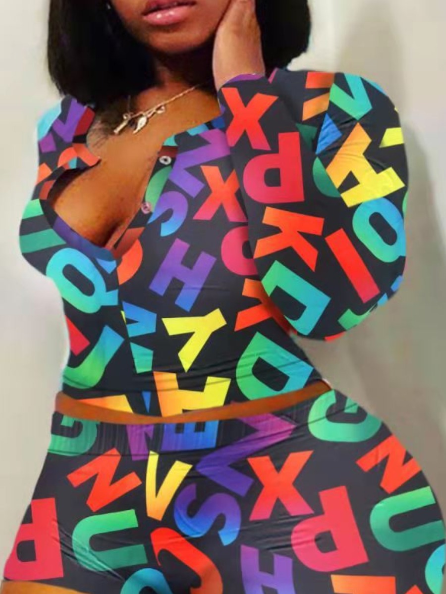

Lovely Plus Size Letter Print Patchwork Two-piece Shorts Set, Multi