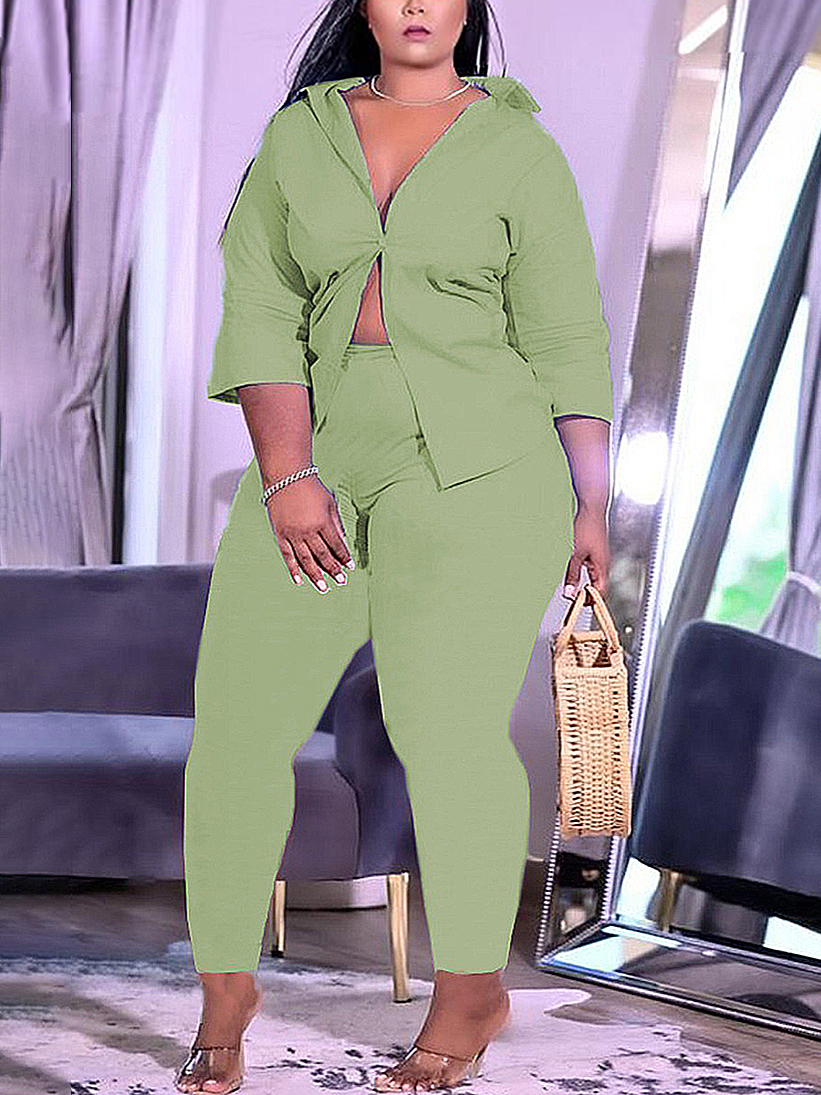 

LW Plus Size Turndown Collar Button Design Two-piece Pants Set, Green