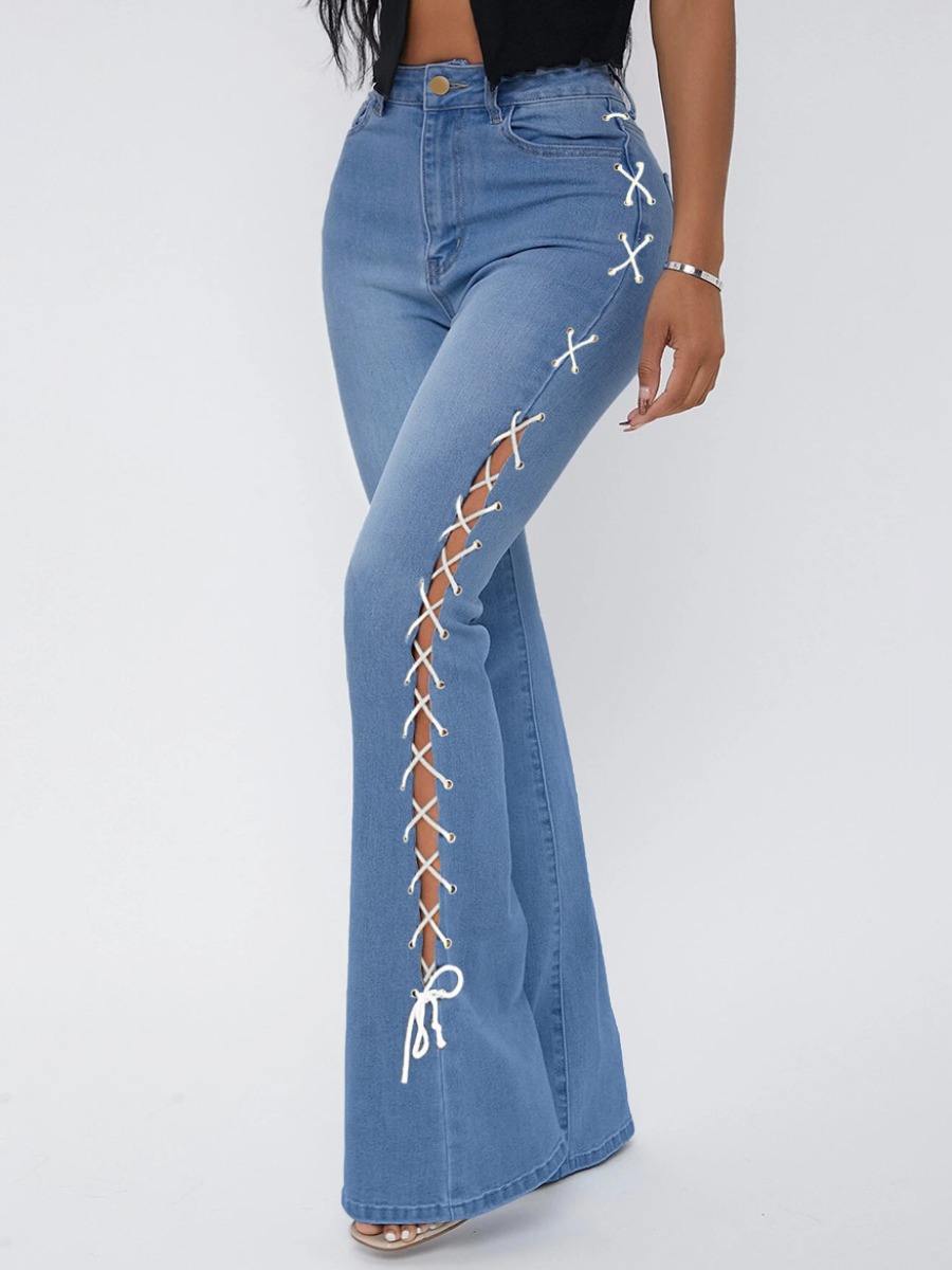 

LW Bandage Hollow-out Design Flared Jeans, Baby blue