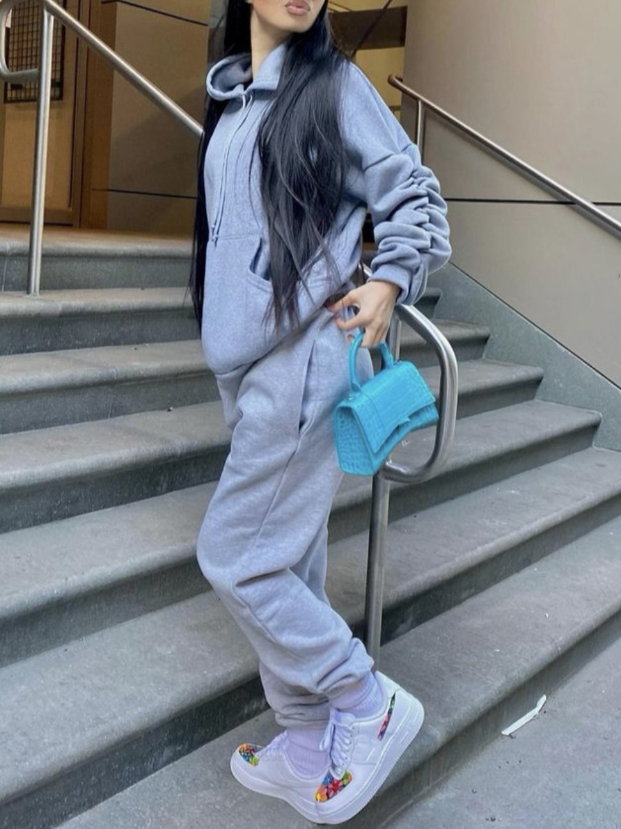 

LW Dropped Shoulder Fold Design Two Piece Pants Set, Grey