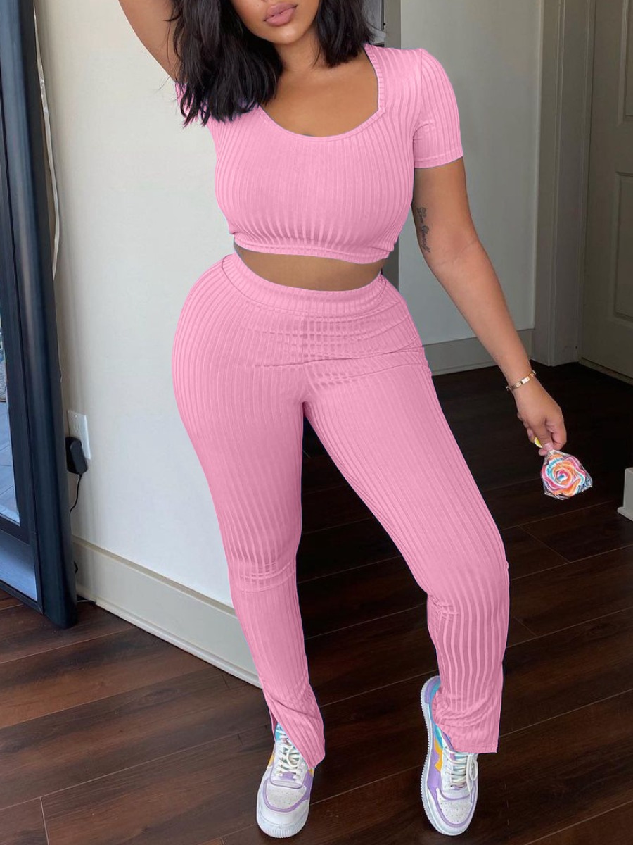 

LW Rib-Knit Slit Two Piece Pants Set, Pink