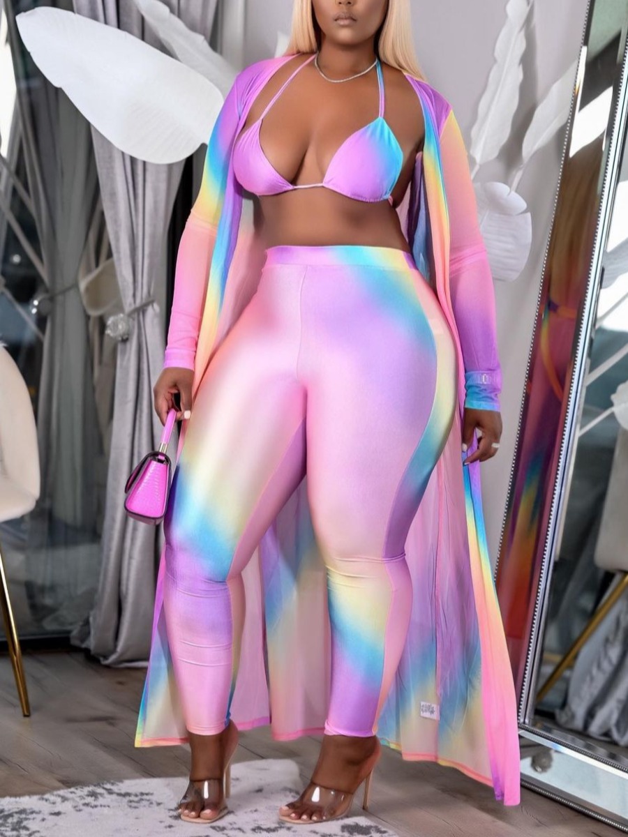 

LW SXY Tie-dye High-waisted Three-piece Pants Set, Pink