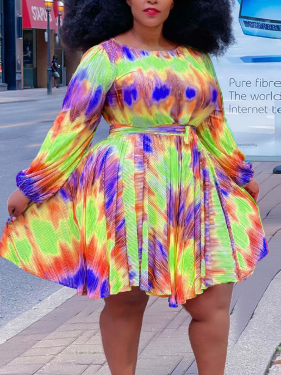 

LW BASICS Plus Size Tie-dye Fold Design A Line Dress, Yellow