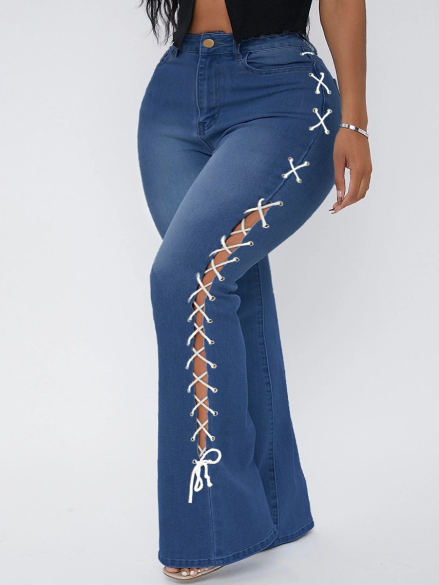 

Lovely Plus Size Bandage Hollow-out Design Flared Jeans, Blue