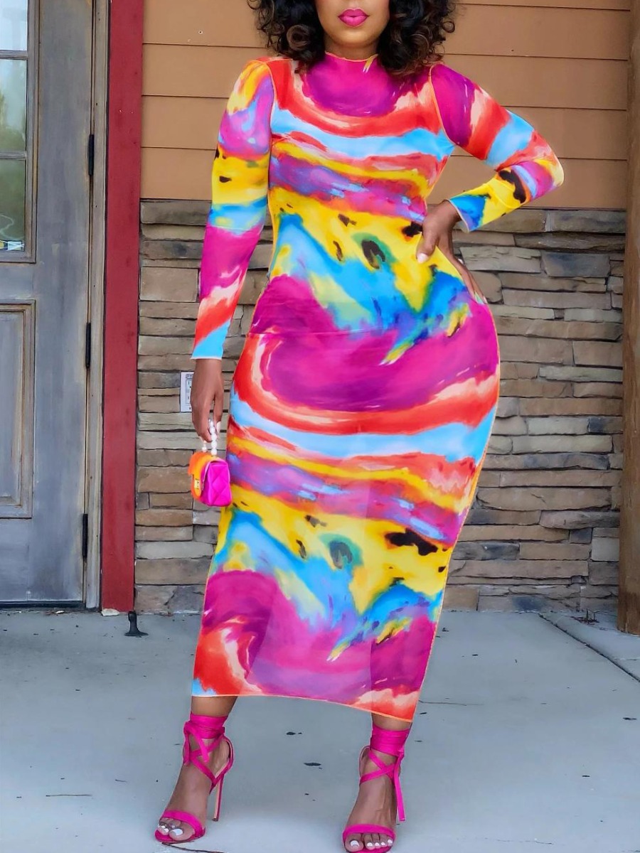 

Lovely Plus Size Tie-dye Sheer Bodycon Dress, Rose red