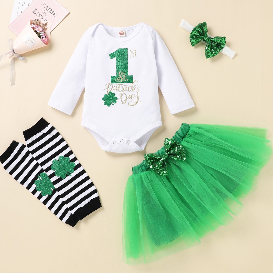 

Lovely Girl Letter Print Striped Mesh Four Piece Skirt Set, Green