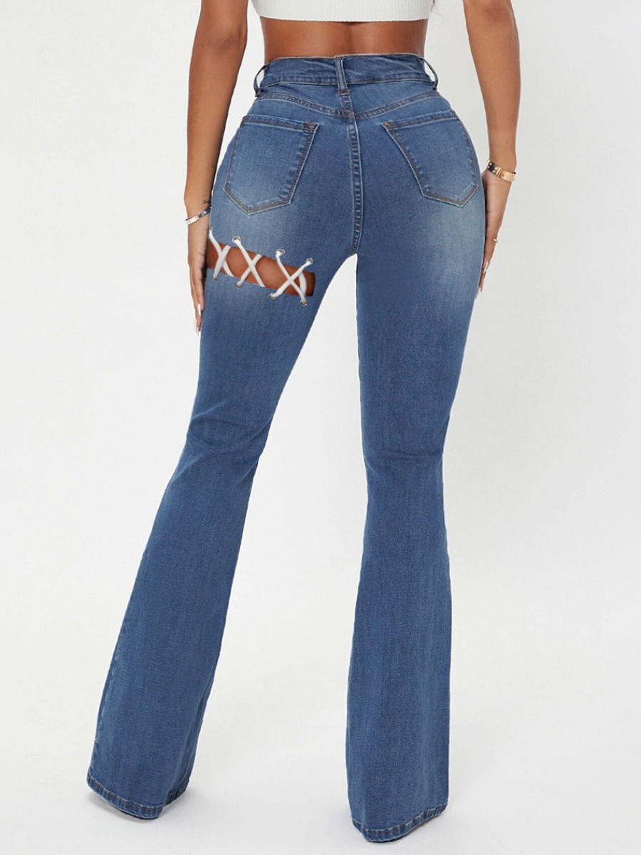 

LW Stretchy Bandage Hollow-out Design Flared Jeans, Blue