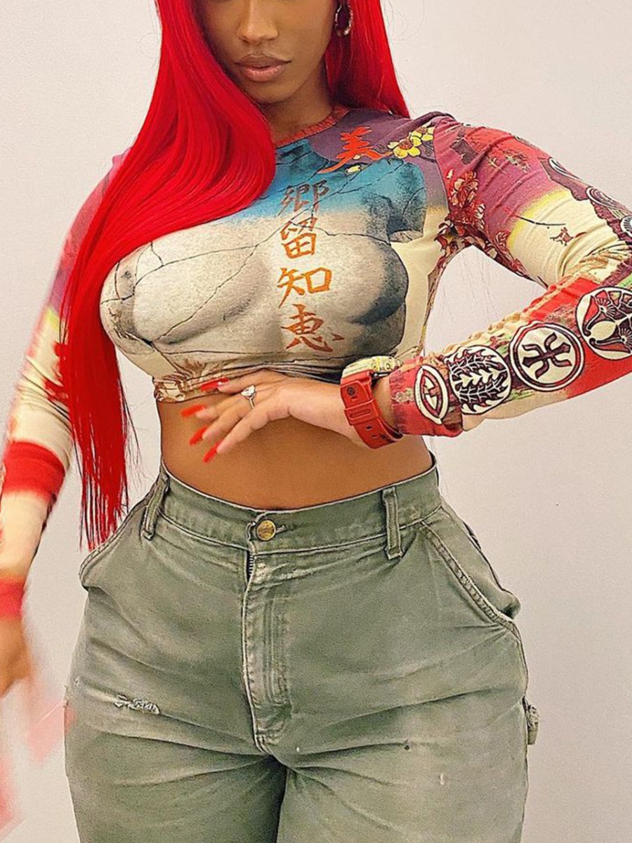 Lovely Mixed Print Crop Top T-shirt, Red