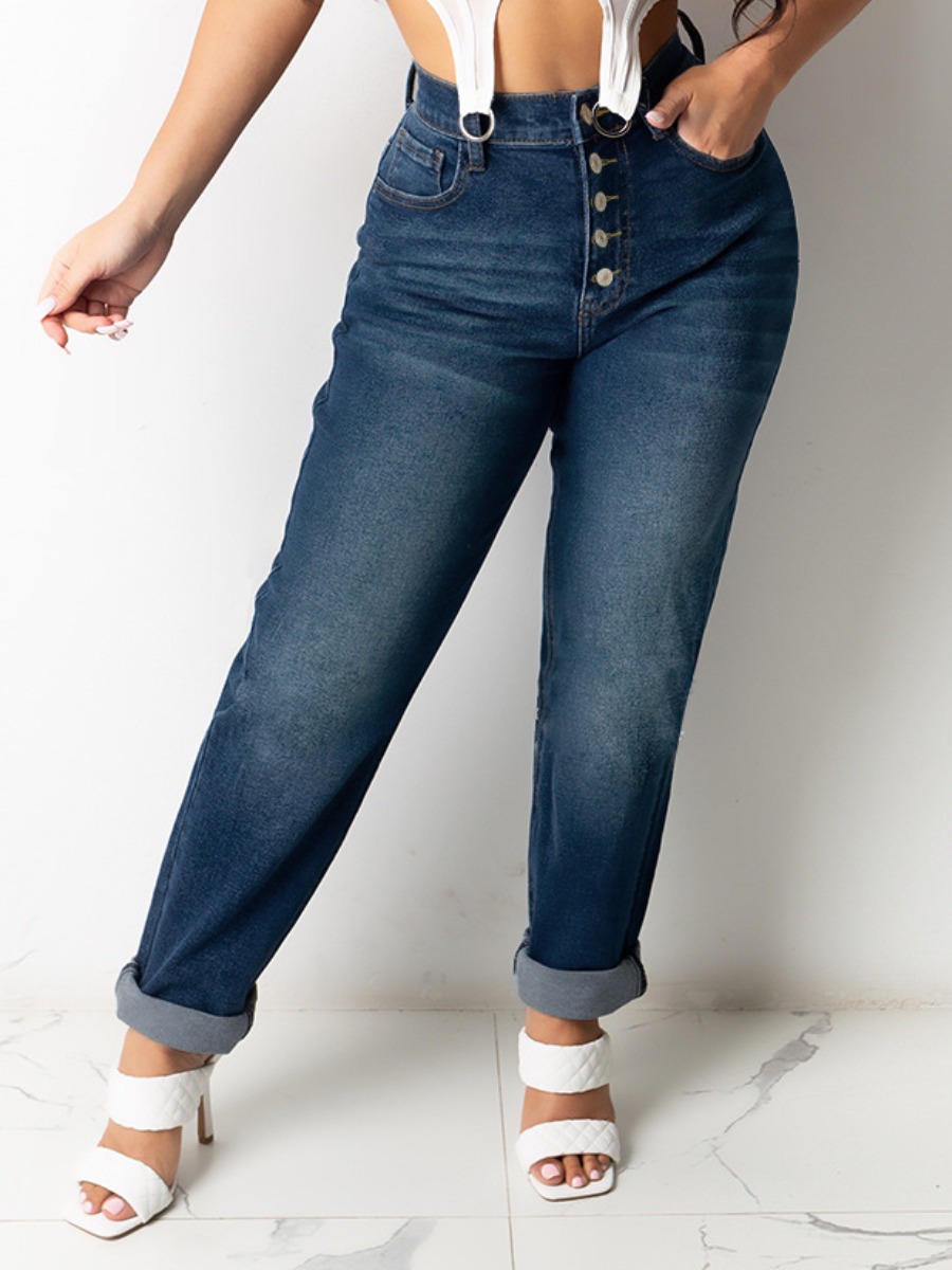 

LW Mid Waist Button Design Jeans, Deep blue