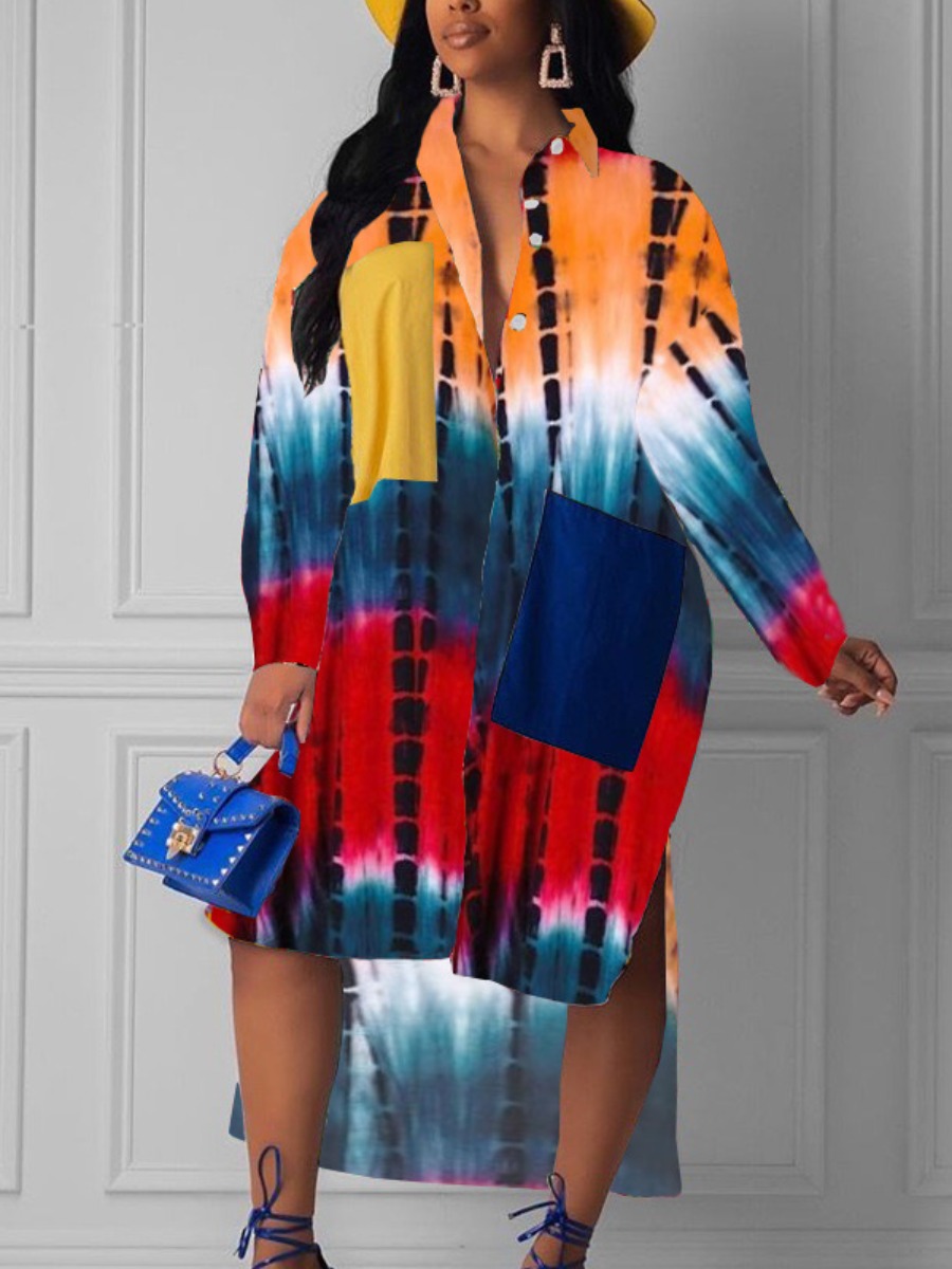 

Lovely Plus Size Tie-dye Slit Shirt Dress, Multi