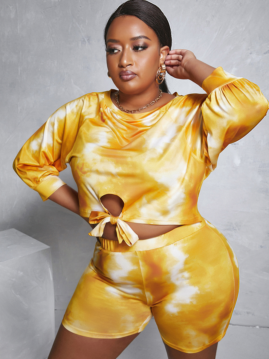 

LW Plus Size Casual Round Neck Tie-dye Yellow Two-piece Shorts Set