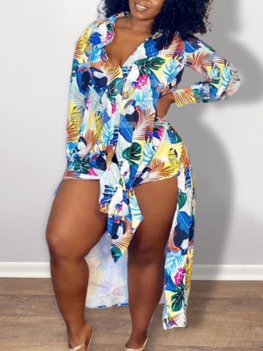 

LW Plus Size Floral Print Split Two-piece Shorts Set, White