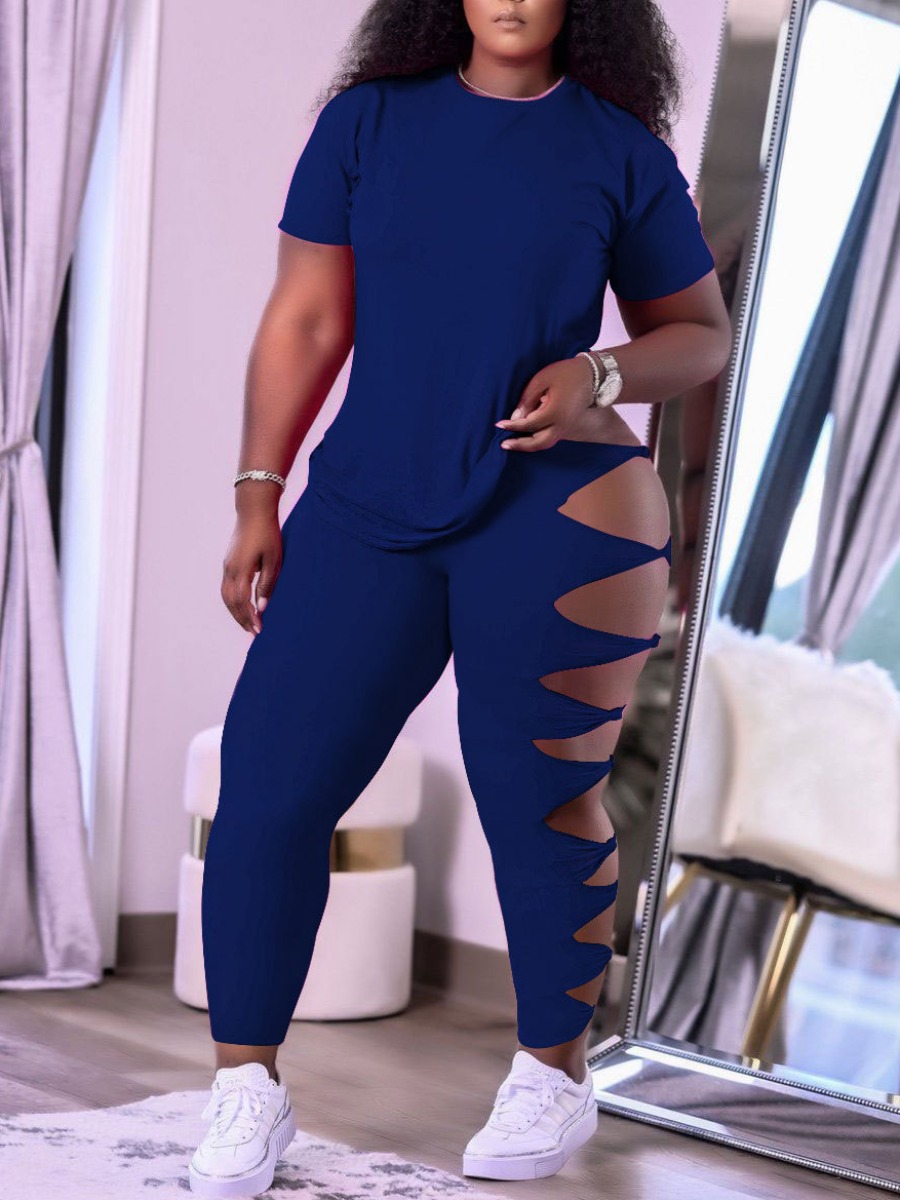 

Lovely Round Neck Hollow-out Two Piece Pants Set, Blue