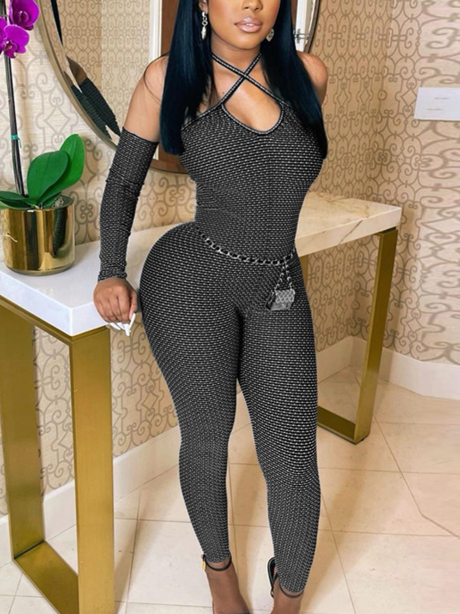 

Lovely Polka-dot Print Cross strap One-piece Jumpsuit, Black