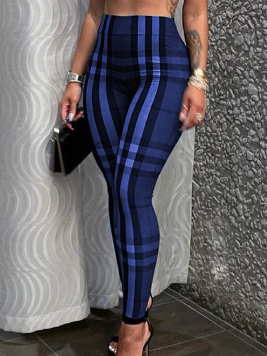 

LW BASICS Plaid Print High-waisted Leggings, Blue