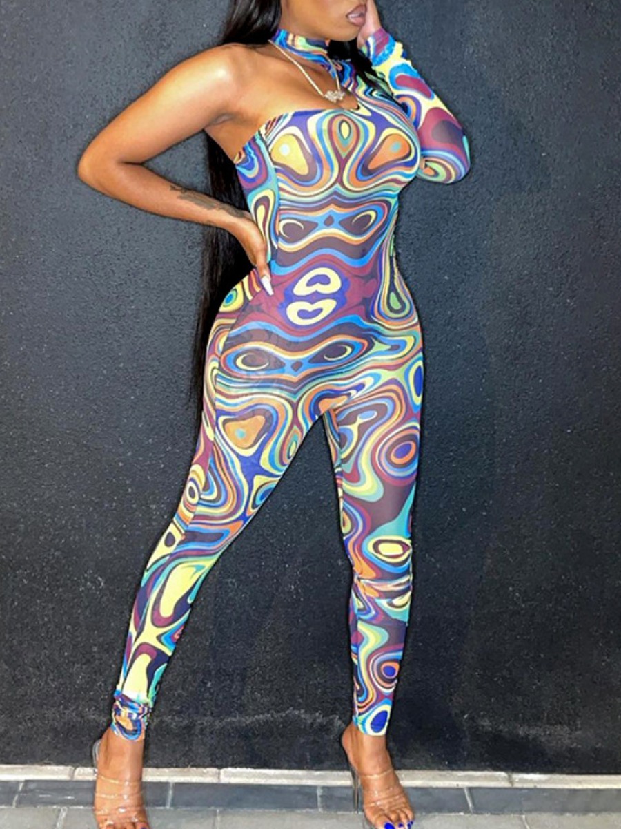 

LW One Shoulder Mixed Print One-piece Jumpsuit, Blue