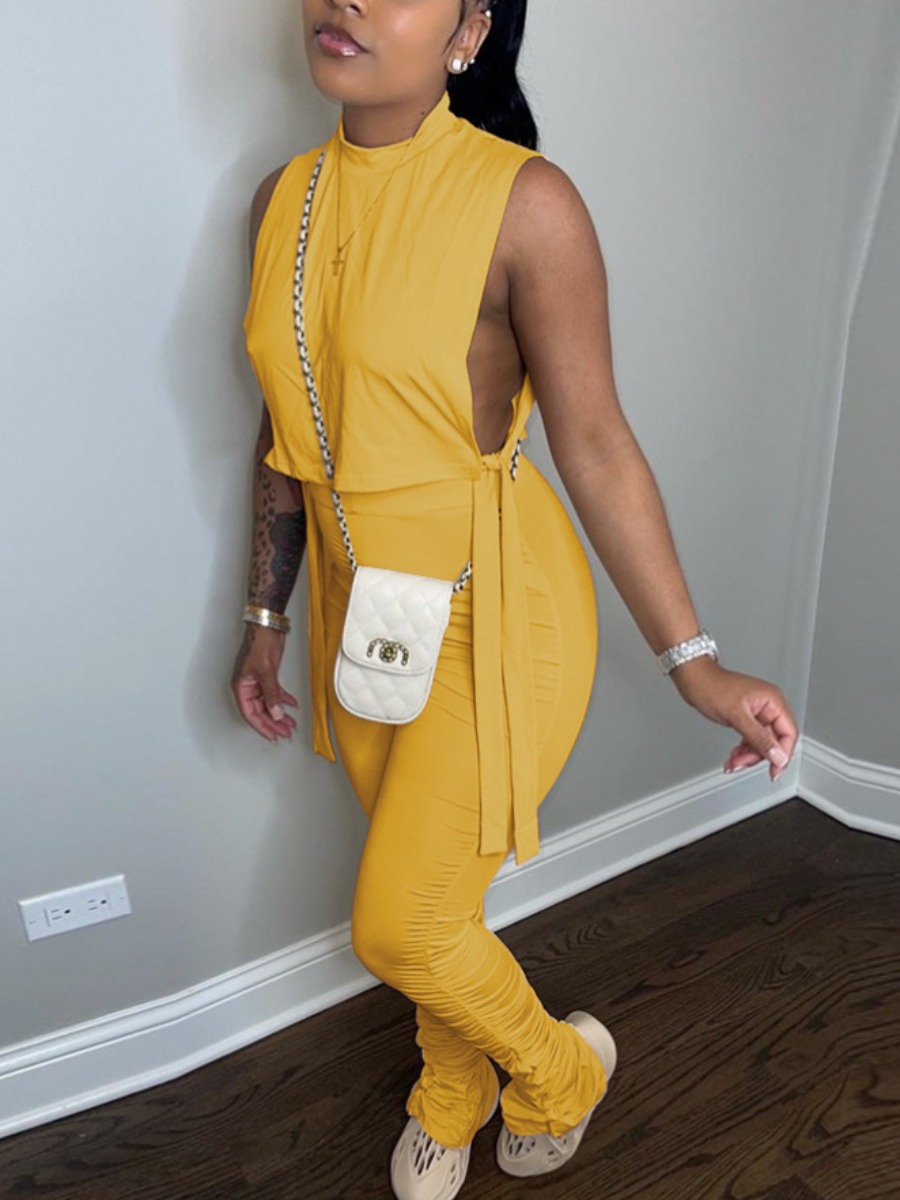 

LW Fold Bandage Design Two Piece Pants Set, Yellow