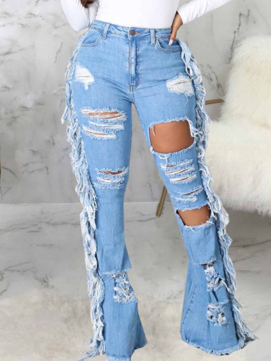 

LW Ripped Flared Raw Edge Jeans, Baby blue