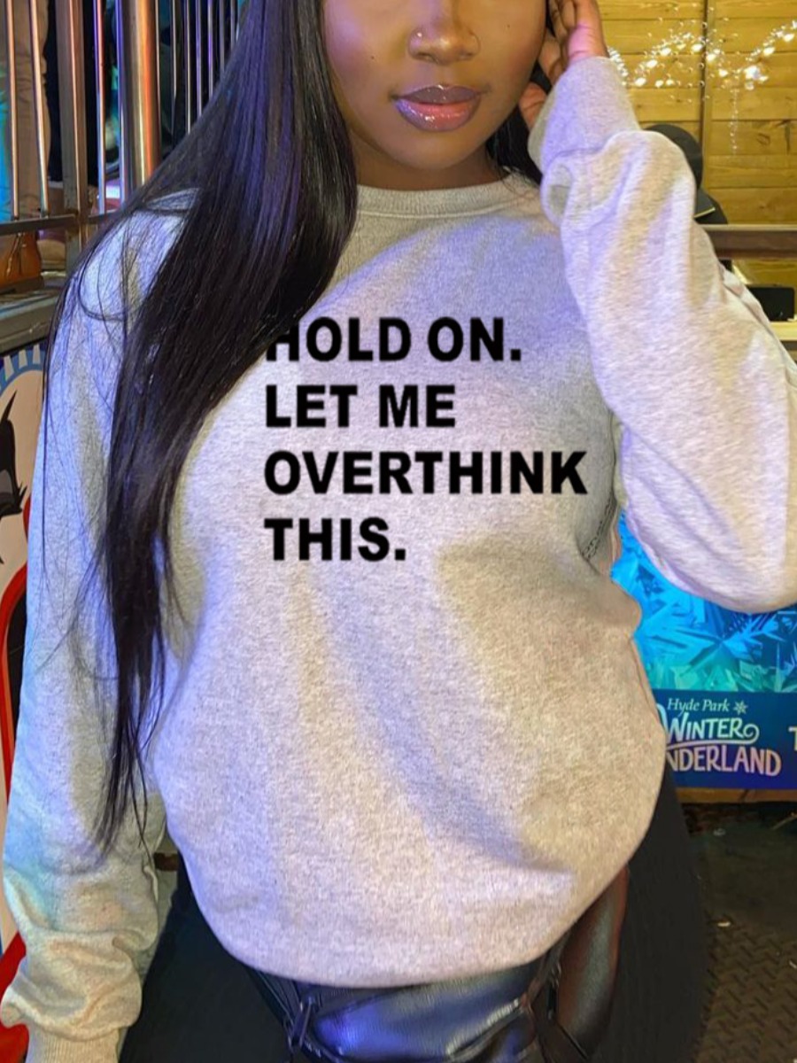 

LW Round Neck Letter Print Oversized Hoodie, Grey