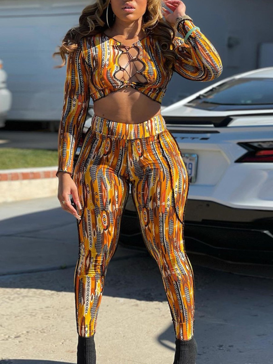 

LW Hollow-out Crop Top Two Piece Pants Set, Croci