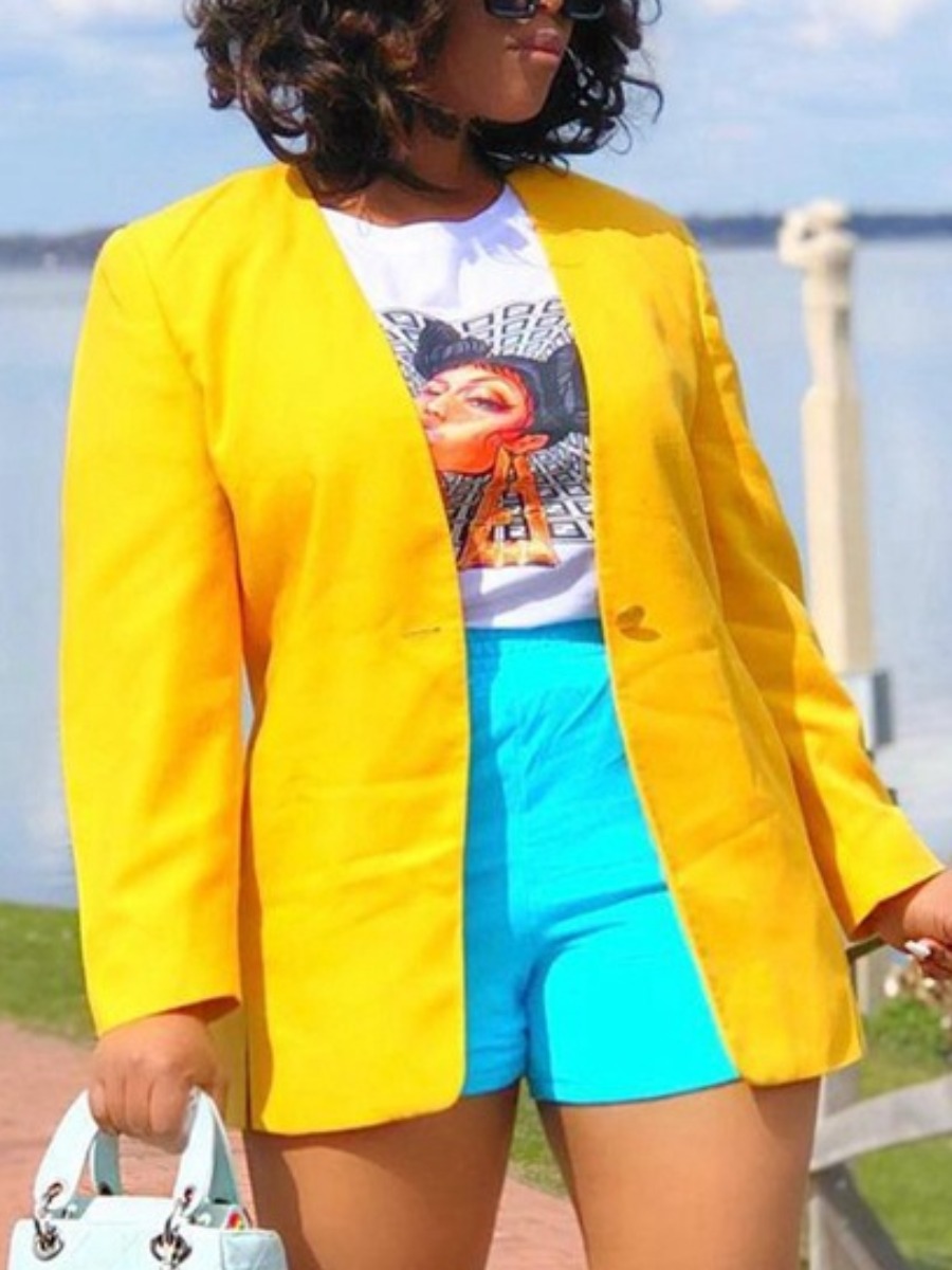 

LW BASIC Collarless Button Design Blazer, Yellow