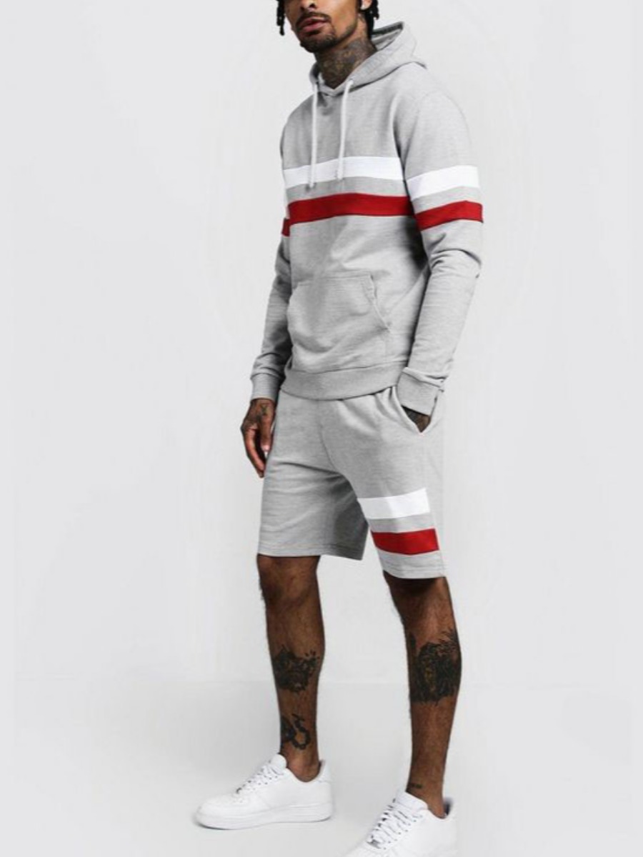

LW Men Striped Drawstring Oversized Two Piece Shorts Set, Grey